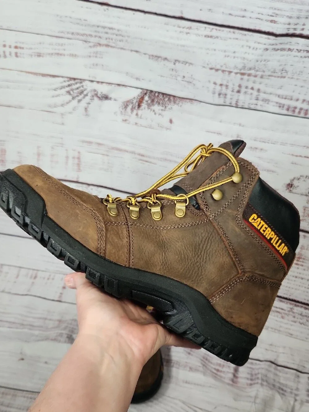 Caterpillar Brown Leather Work Boots with Yellow Laces